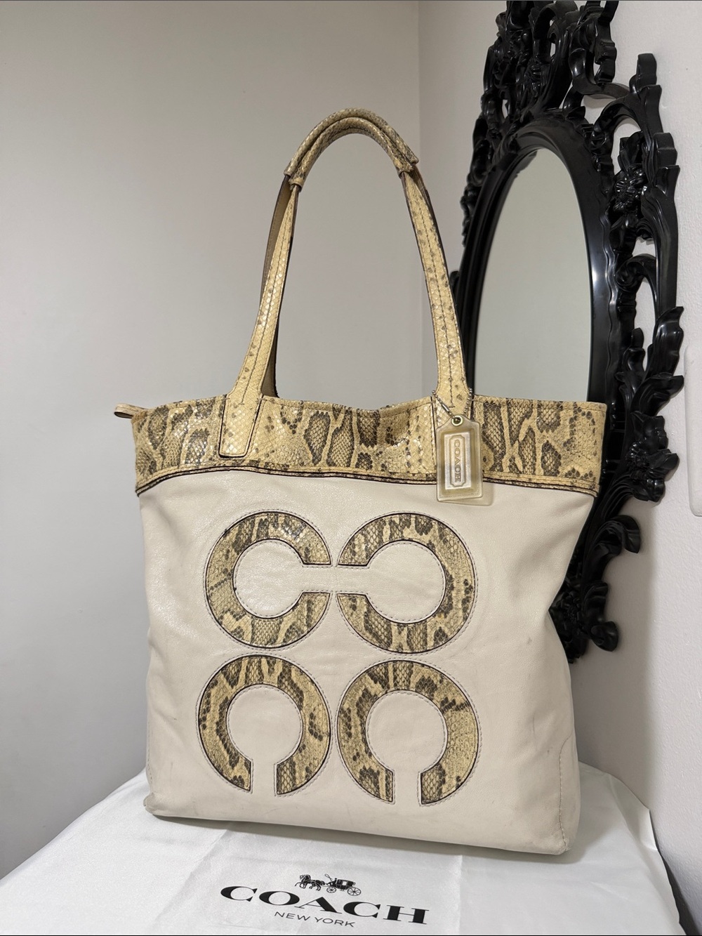 Coach 17043 Cream Leather Tote with Snakeskin Trim